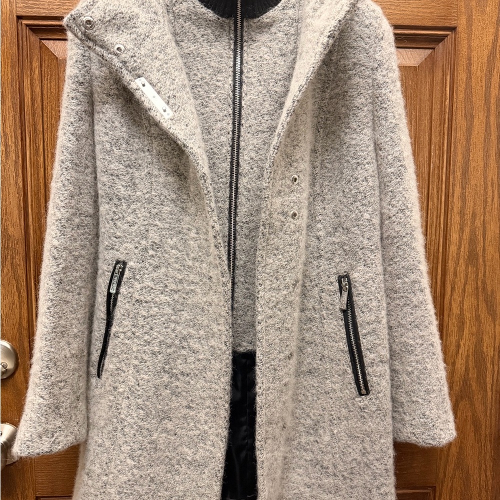 Calvin Klein Gray Hooded Wool-Blend Trench Coat with Black Trim